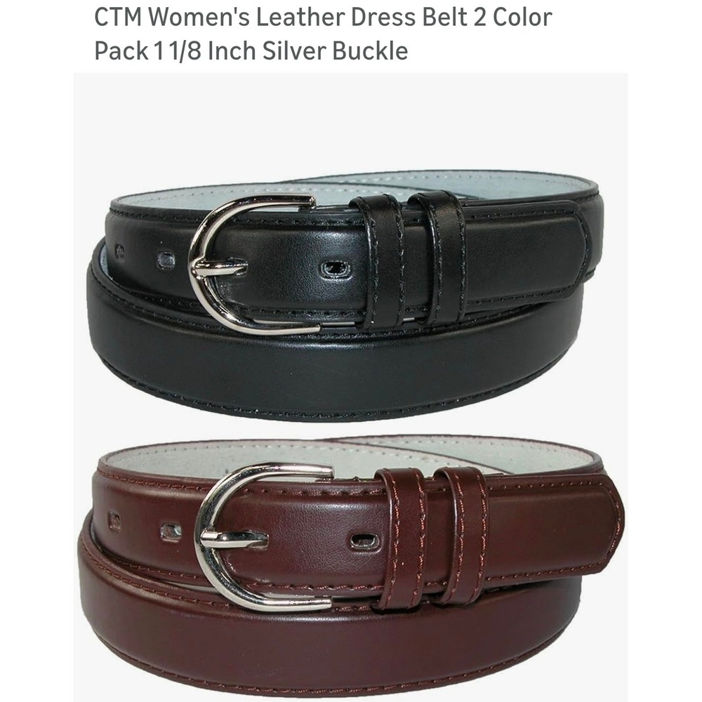 CTM Womens Leather Dress Belt 2 Pack Black Brown Silver Buckle Size Large 38.5